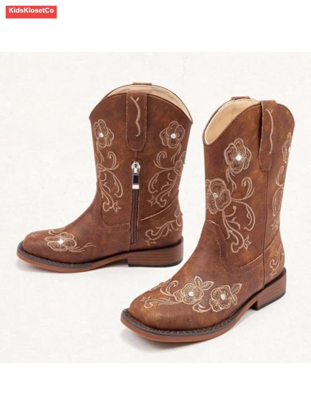 Girls Cowboy Boots Floral Embroidery Rhinestone Side Zipper Mid Calf Square Toe